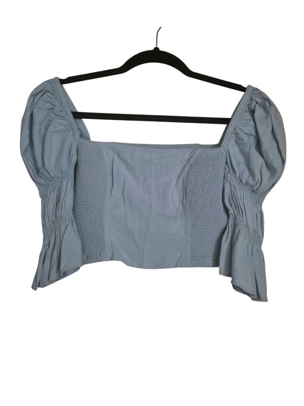 Urban Outfitters Blouse Blue Smocked Puff Sleeve Cropped Top XS/S Peplum Cottage